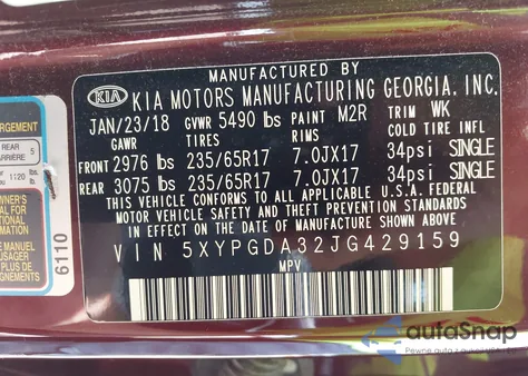 2018 Kia Sorento 2.4L Lx z USA, uszkodzony, nr VIN 5XYPGDA32JG429159